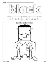 Free Halloween Frankenstein color black coloring page and color worksheet, black worksheet for preschoolers to learn colors, printable PDF