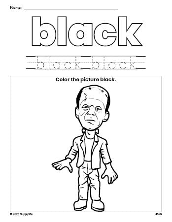 Free Halloween Frankenstein color black coloring page and color worksheet, black worksheet for preschoolers to learn colors, printable PDF