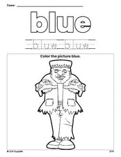 Free Halloween Frankenstein color blue coloring page and color worksheet, blue worksheet for preschoolers to learn colors, printable PDF