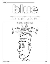 Free Halloween Frankenstein color blue coloring page and color worksheet, blue worksheet for preschoolers to learn colors, printable PDF