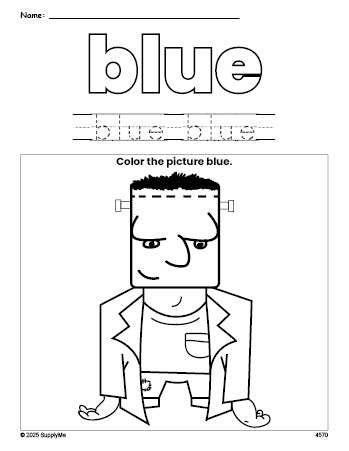 Free Halloween Frankenstein color blue coloring page and color worksheet, blue worksheet for preschoolers to learn colors, printable PDF