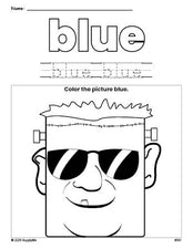 Free Halloween Frankenstein color blue coloring page and color worksheet, blue worksheet for preschoolers to learn colors, printable PDF