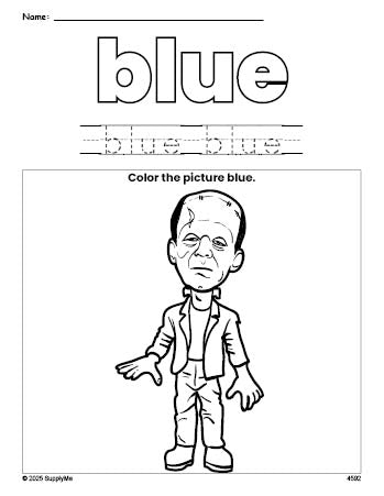 Free Halloween Frankenstein color blue coloring page and color worksheet, blue worksheet for preschoolers to learn colors, printable PDF