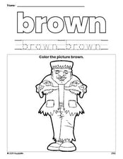 Free Halloween Frankenstein color brown coloring page and color worksheet, brown worksheet for preschoolers to learn colors, printable PDF