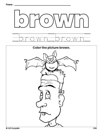 Free Halloween Frankenstein color brown coloring page and color worksheet, brown worksheet for preschoolers to learn colors, printable PDF