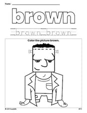 Free Halloween Frankenstein color brown coloring page and color worksheet, brown worksheet for preschoolers to learn colors, printable PDF