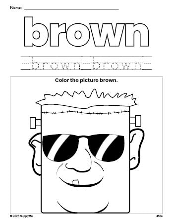 Free Halloween Frankenstein color brown coloring page and color worksheet, brown worksheet for preschoolers to learn colors, printable PDF