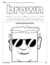 Free Halloween Frankenstein color brown coloring page and color worksheet, brown worksheet for preschoolers to learn colors, printable PDF