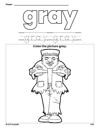 Free Halloween Frankenstein color gray coloring page and color worksheet, gray worksheet for preschoolers to learn colors, printable PDF