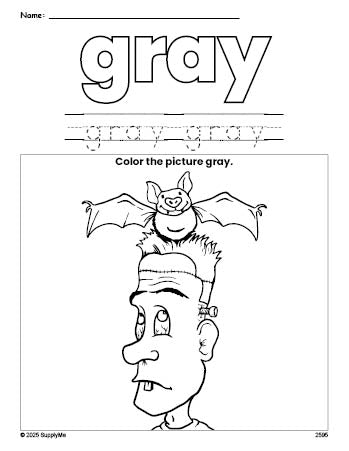 Free Halloween Frankenstein color gray coloring page and color worksheet, gray worksheet for preschoolers to learn colors, printable PDF