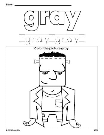 Free Halloween Frankenstein color gray coloring page and color worksheet, gray worksheet for preschoolers to learn colors, printable PDF