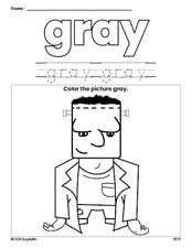 Free Halloween Frankenstein color gray coloring page and color worksheet, gray worksheet for preschoolers to learn colors, printable PDF