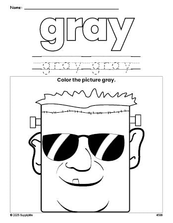 Free Halloween Frankenstein color gray coloring page and color worksheet, gray worksheet for preschoolers to learn colors, printable PDF