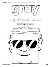 Free Halloween Frankenstein color gray coloring page and color worksheet, gray worksheet for preschoolers to learn colors, printable PDF