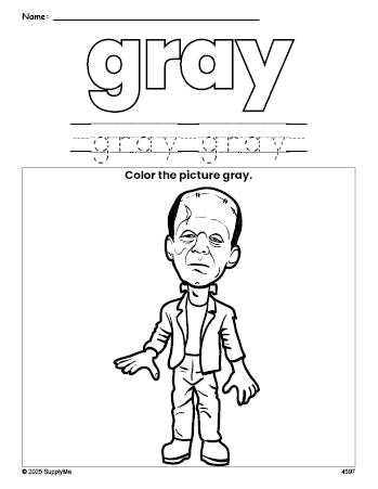 Free Halloween Frankenstein color gray coloring page and color worksheet, gray worksheet for preschoolers to learn colors, printable PDF