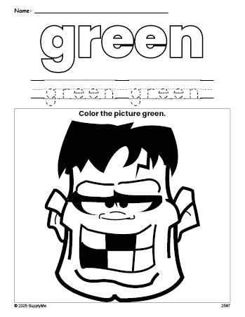 Free Halloween Frankenstein color green coloring page and color worksheet, green worksheet for preschoolers to learn colors, printable PDF