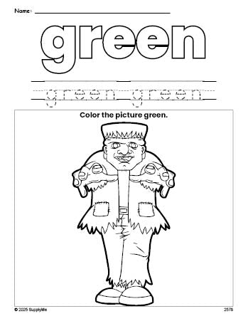 Free Halloween Frankenstein color green coloring page and color worksheet, green worksheet for preschoolers to learn colors, printable PDF