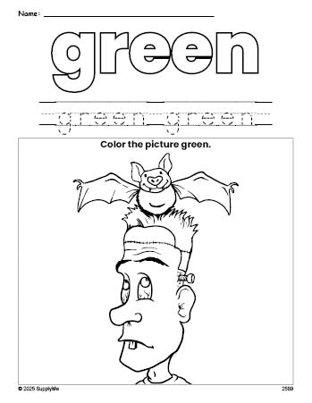 Free Halloween Frankenstein color green coloring page and color worksheet, green worksheet for preschoolers to learn colors, printable PDF