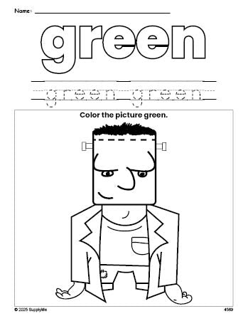 Free Halloween Frankenstein color green coloring page and color worksheet, green worksheet for preschoolers to learn colors, printable PDF