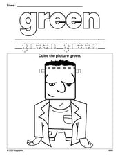 Free Halloween Frankenstein color green coloring page and color worksheet, green worksheet for preschoolers to learn colors, printable PDF