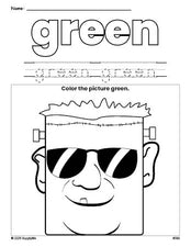 Free Halloween Frankenstein color green coloring page and color worksheet, green worksheet for preschoolers to learn colors, printable PDF