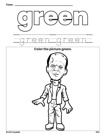 Free Halloween Frankenstein color green coloring page and color worksheet, green worksheet for preschoolers to learn colors, printable PDF