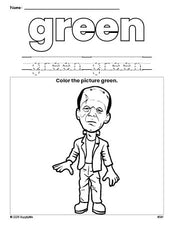 Free Halloween Frankenstein color green coloring page and color worksheet, green worksheet for preschoolers to learn colors, printable PDF