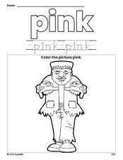 Free Halloween Frankenstein color pink coloring page and color worksheet, pink worksheet for preschoolers to learn colors, printable PDF