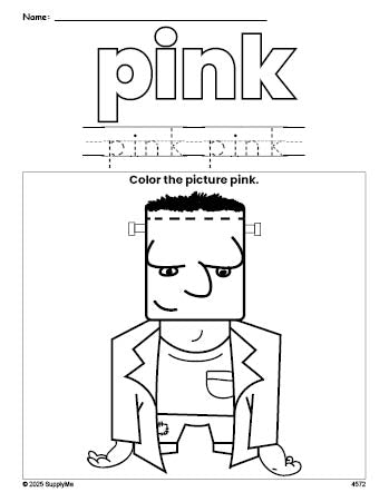 Free Halloween Frankenstein color pink coloring page and color worksheet, pink worksheet for preschoolers to learn colors, printable PDF