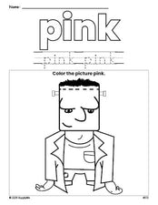 Free Halloween Frankenstein color pink coloring page and color worksheet, pink worksheet for preschoolers to learn colors, printable PDF