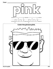 Free Halloween Frankenstein color pink coloring page and color worksheet, pink worksheet for preschoolers to learn colors, printable PDF