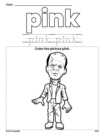 Free Halloween Frankenstein color pink coloring page and color worksheet, pink worksheet for preschoolers to learn colors, printable PDF