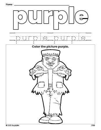 Free Halloween Frankenstein color purple coloring page and color worksheet, purple worksheet for preschoolers to learn colors, printable PDF