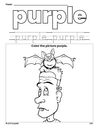 Free Halloween Frankenstein color purple coloring page and color worksheet, purple worksheet for preschoolers to learn colors, printable PDF