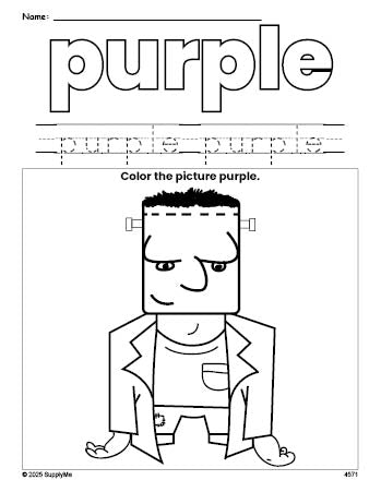 Free Halloween Frankenstein color purple coloring page and color worksheet, purple worksheet for preschoolers to learn colors, printable PDF