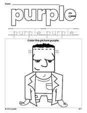 Free Halloween Frankenstein color purple coloring page and color worksheet, purple worksheet for preschoolers to learn colors, printable PDF