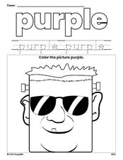 Free Halloween Frankenstein color purple coloring page and color worksheet, purple worksheet for preschoolers to learn colors, printable PDF