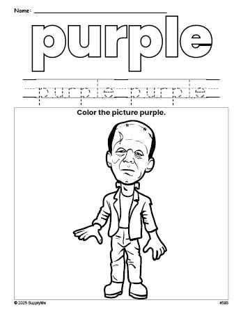 Free Halloween Frankenstein color purple coloring page and color worksheet, purple worksheet for preschoolers to learn colors, printable PDF