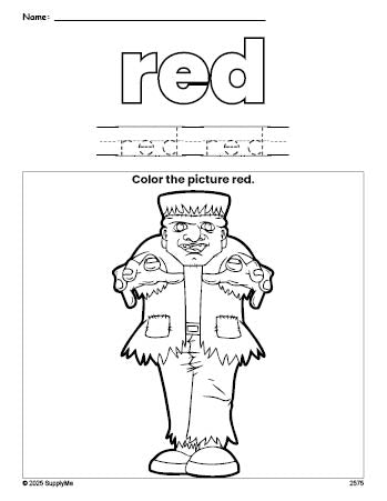 Free Halloween Frankenstein color red coloring page and color worksheet, red worksheet for preschoolers to learn colors, printable PDF