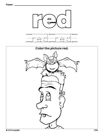 Free Halloween Frankenstein color red coloring page and color worksheet, red worksheet for preschoolers to learn colors, printable PDF