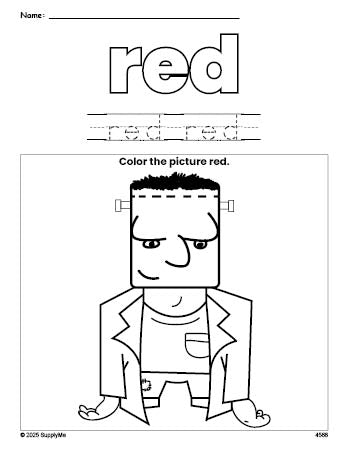 Free Halloween Frankenstein color red coloring page and color worksheet, red worksheet for preschoolers to learn colors, printable PDF