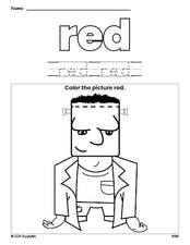 Free Halloween Frankenstein color red coloring page and color worksheet, red worksheet for preschoolers to learn colors, printable PDF