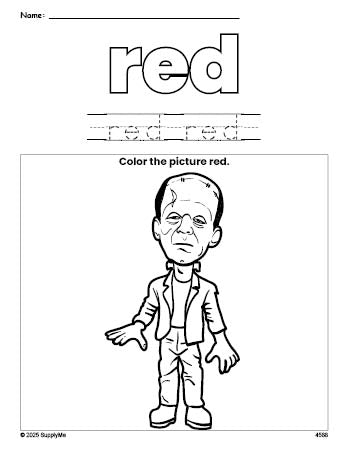 Free Halloween Frankenstein color red coloring page and color worksheet, red worksheet for preschoolers to learn colors, printable PDF