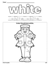 Free Halloween Frankenstein color white coloring page and color worksheet, white worksheet for preschoolers to learn colors, printable PDF