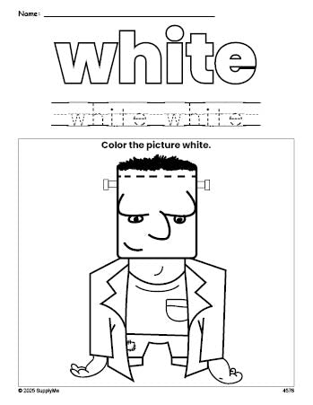 Free Halloween Frankenstein color white coloring page and color worksheet, white worksheet for preschoolers to learn colors, printable PDF