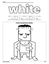 Free Halloween Frankenstein color white coloring page and color worksheet, white worksheet for preschoolers to learn colors, printable PDF