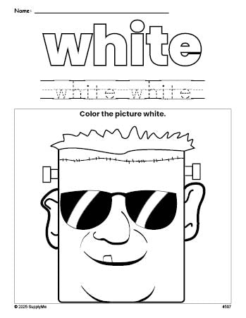 Free Halloween Frankenstein color white coloring page and color worksheet, white worksheet for preschoolers to learn colors, printable PDF