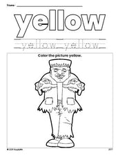 Free Halloween Frankenstein color yellow coloring page and color worksheet, yellow worksheet for preschoolers to learn colors, printable PDF