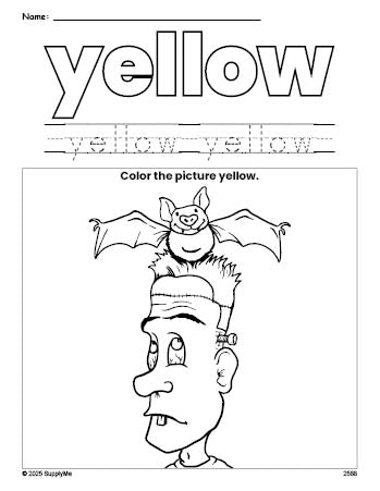 Free Halloween Frankenstein color yellow coloring page and color worksheet, yellow worksheet for preschoolers to learn colors, printable PDF