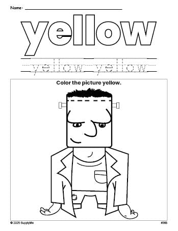 Free Halloween Frankenstein color yellow coloring page and color worksheet, yellow worksheet for preschoolers to learn colors, printable PDF